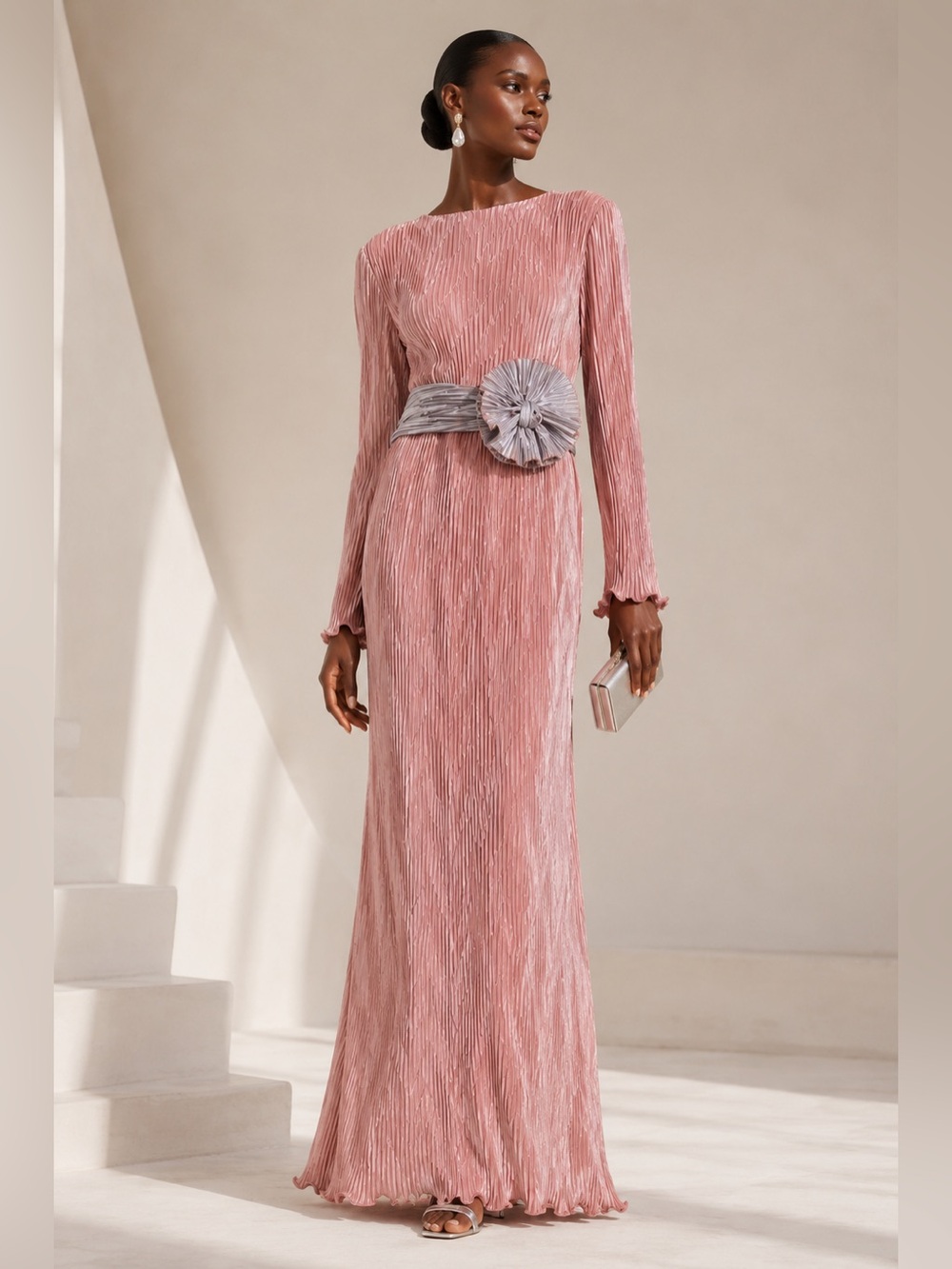 Vintage Pink & Gray Chevron Pleated Fabric Dress / Gown with Belt by En Soir 10